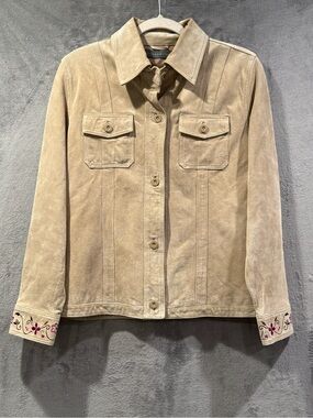 Relativity VTG Size M Genuine Suede Beige Leather Jacket Floral Embroidery